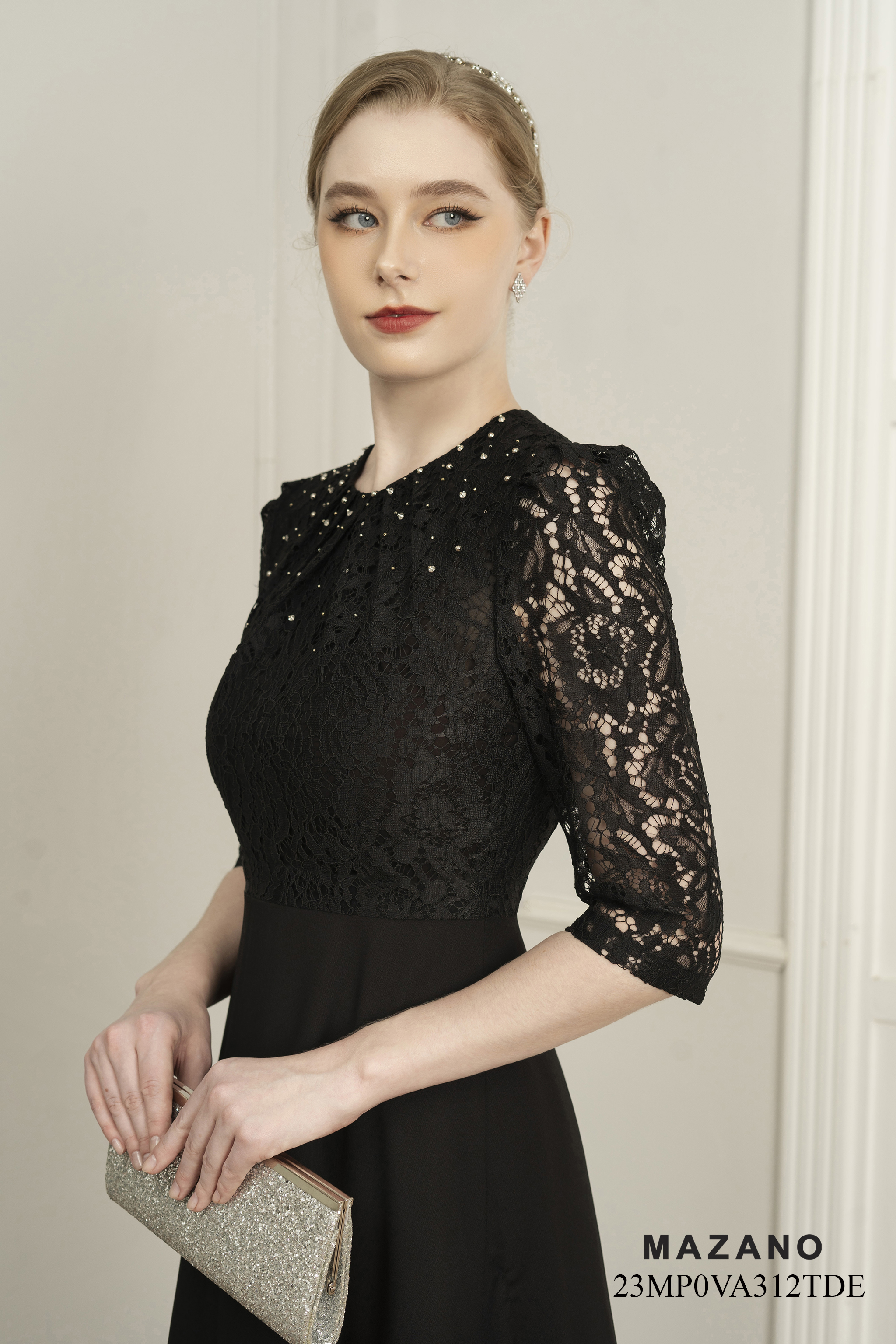 Váy Đầm ôm chân rủ Vải thô phối ren Đính trang trí ngực Cổ tròn Tay lỡ Dài đến bắp chân_thumbnail_3