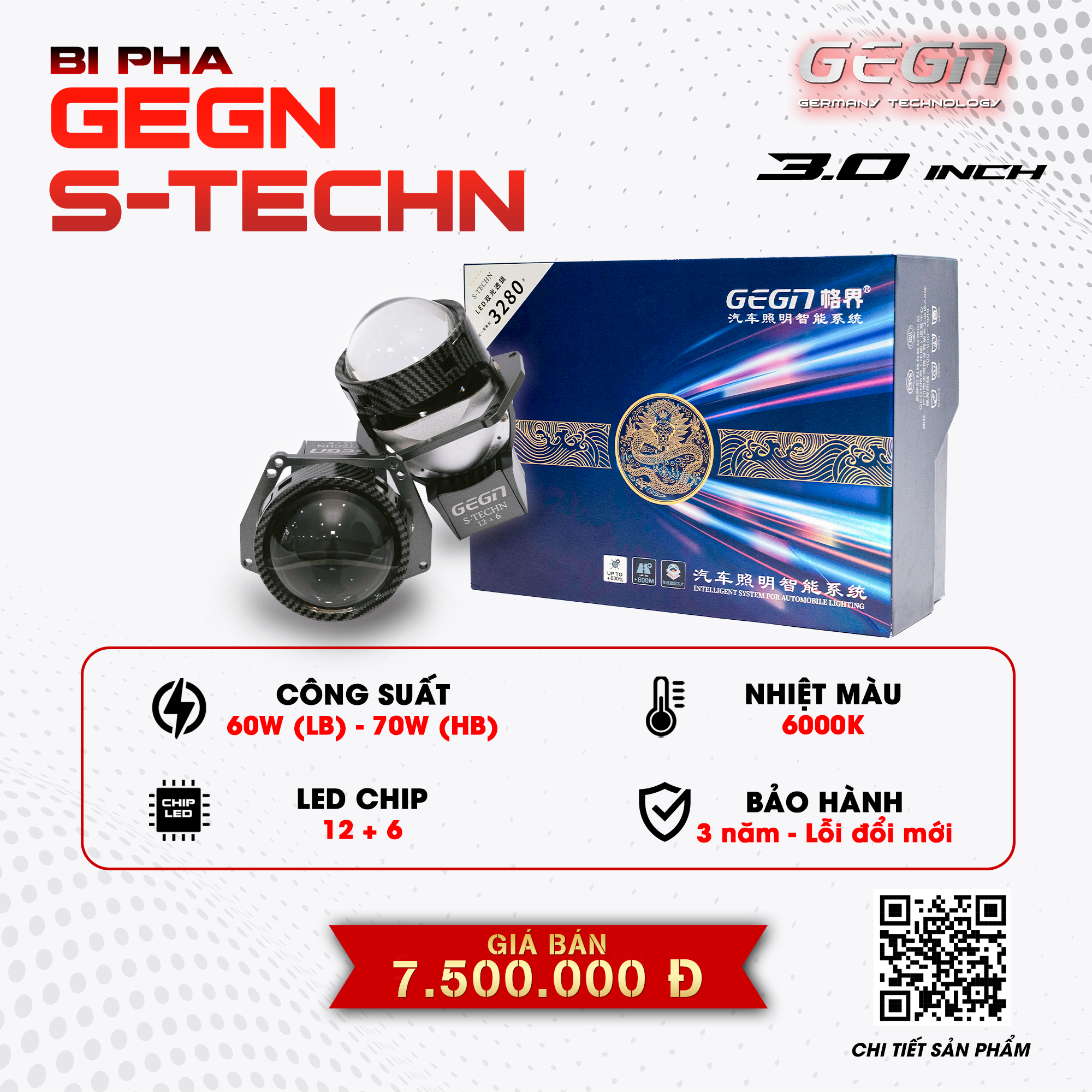 GEGN StechN Đèn bi led pha hiệu suất cao với 12+6 chip led