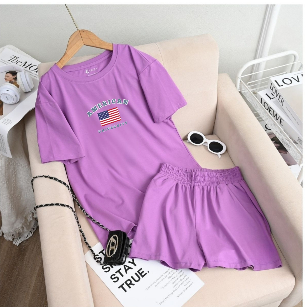 [Form rộng] Set đồ nữ hình màu tím chất cotton - Đồ bộ nữ thời trang (áo phông + quần đùi cotton) - LOZA G0283_thumbnail_3