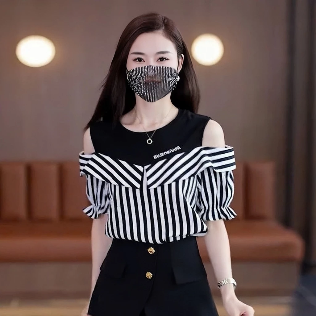 Áo Thun Tăm Phối Lụa Tay Ngắn Hở Vai Giả Hai Lớp Phong Cách Hàn Quốc