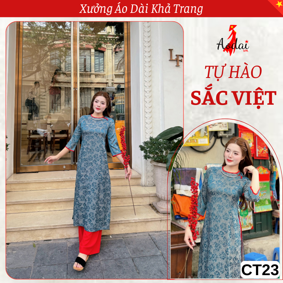 CT23 Áo Dài Cách Tân Gấm Dáng Suông Hoa Sen Đá Cổ Tròn Tay Lỡ