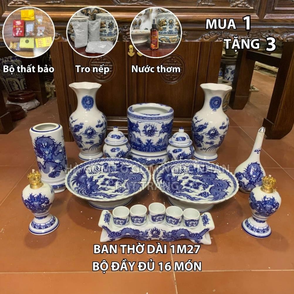 HG330 Đồ Thờ Cúng Bộ 16 món ban thờ 1M27 men lam nghệ nhân Bát Tràng chế tác TẶNG Thất Bảo, Tro Nếp