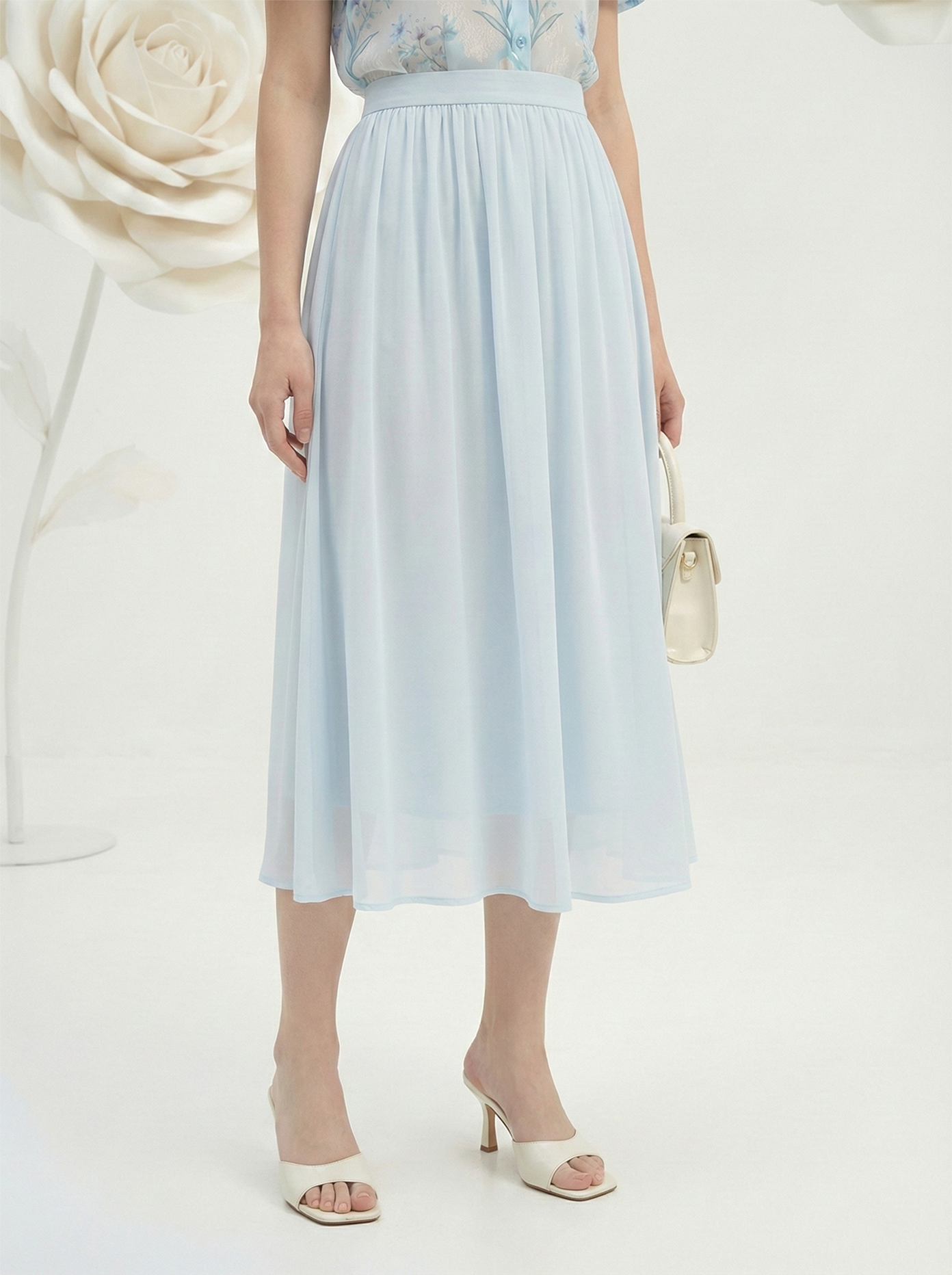 Chân váy vải voan chiffon xanh nhạt cạp cao dáng chân xếp ly thiết kế MAZANO 1HB2SCV064LA