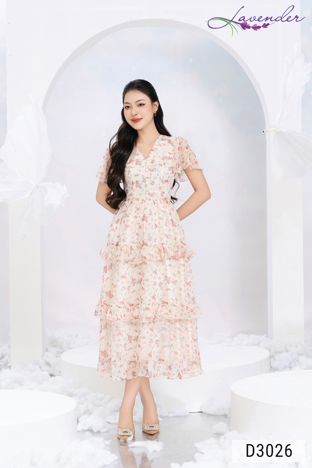 Đầm hoa tơ trắng 3 tầng cổ V tay ngắn D3026_thumbnail_2