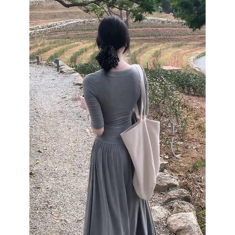 Váy thun ladong tay lỡ dáng dài, đầm thun co dãn dáng xoè đen xám Logastore_L208_thumbnail_5