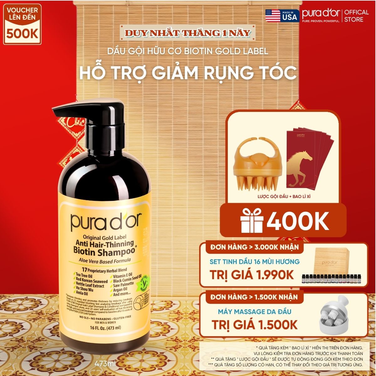 Dầu Gội Biotin Pura D'or Original Gold Label Chăm Sóc Da Đầu, Giảm Rụng Tóc, Hỗ Trợ Mọc Tóc 473ml