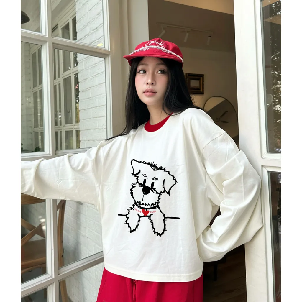 Áo thun boxy tay dài Miucho chất vải thoáng mát đứng form hình cún đáng yêu in artwork 2835_thumbnail_3
