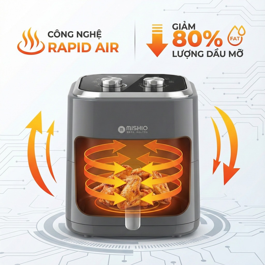 Nồi chiên không dầu 6L Mishio MK408, Công Suất 1350W, Màu Xám Sang Trọng, Bảo Hành 24 Tháng_thumbnail_3