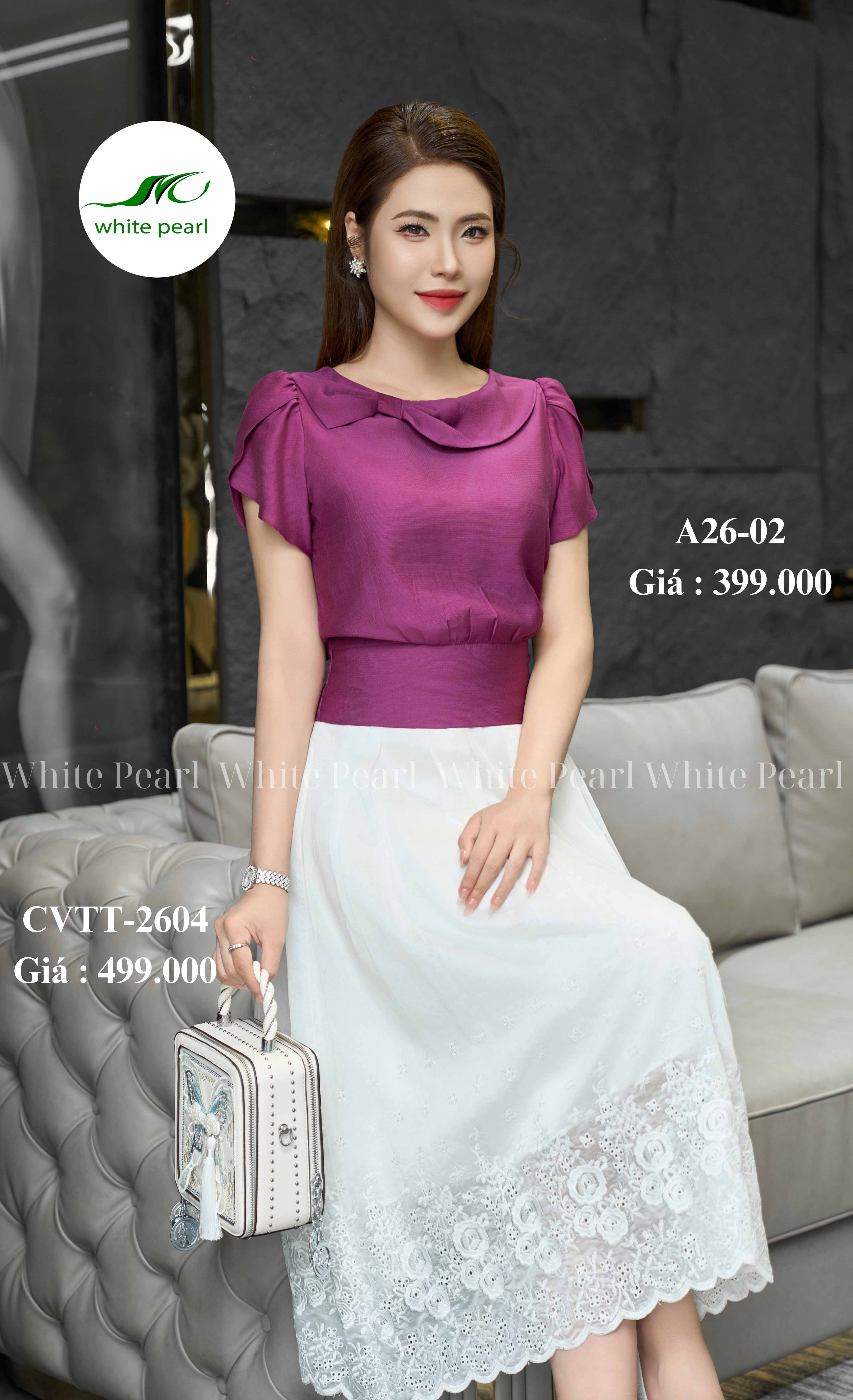 Áo sơ mi bo chun thắt nơ thời trang công sở cao cấp White Pearl