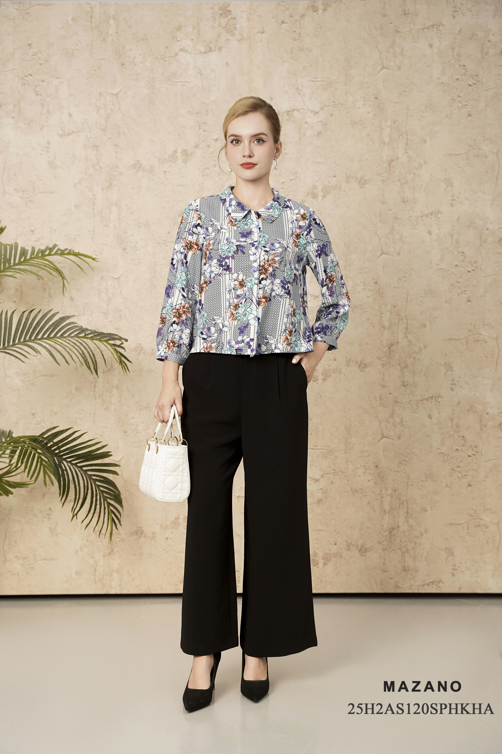 Áo sơ mi suông cài khuy Vải thô mỏng Họa tiết hoa lá cách điệu Cổ bẻ Tay dài Dài áo qua eo