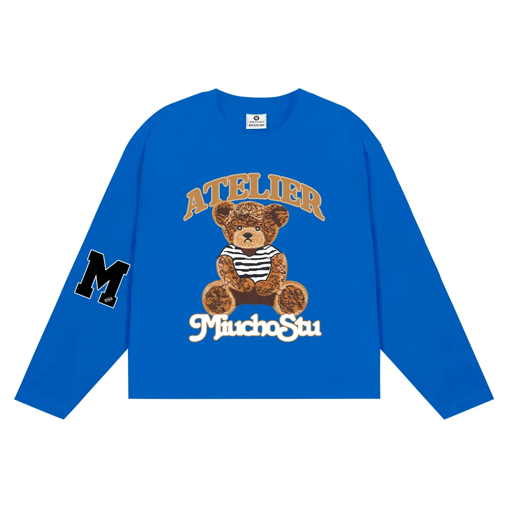 Áo thun tay dài boxy Miucho cotton thoáng mát co giãn 2C hình gấu teddy Atelier 2651