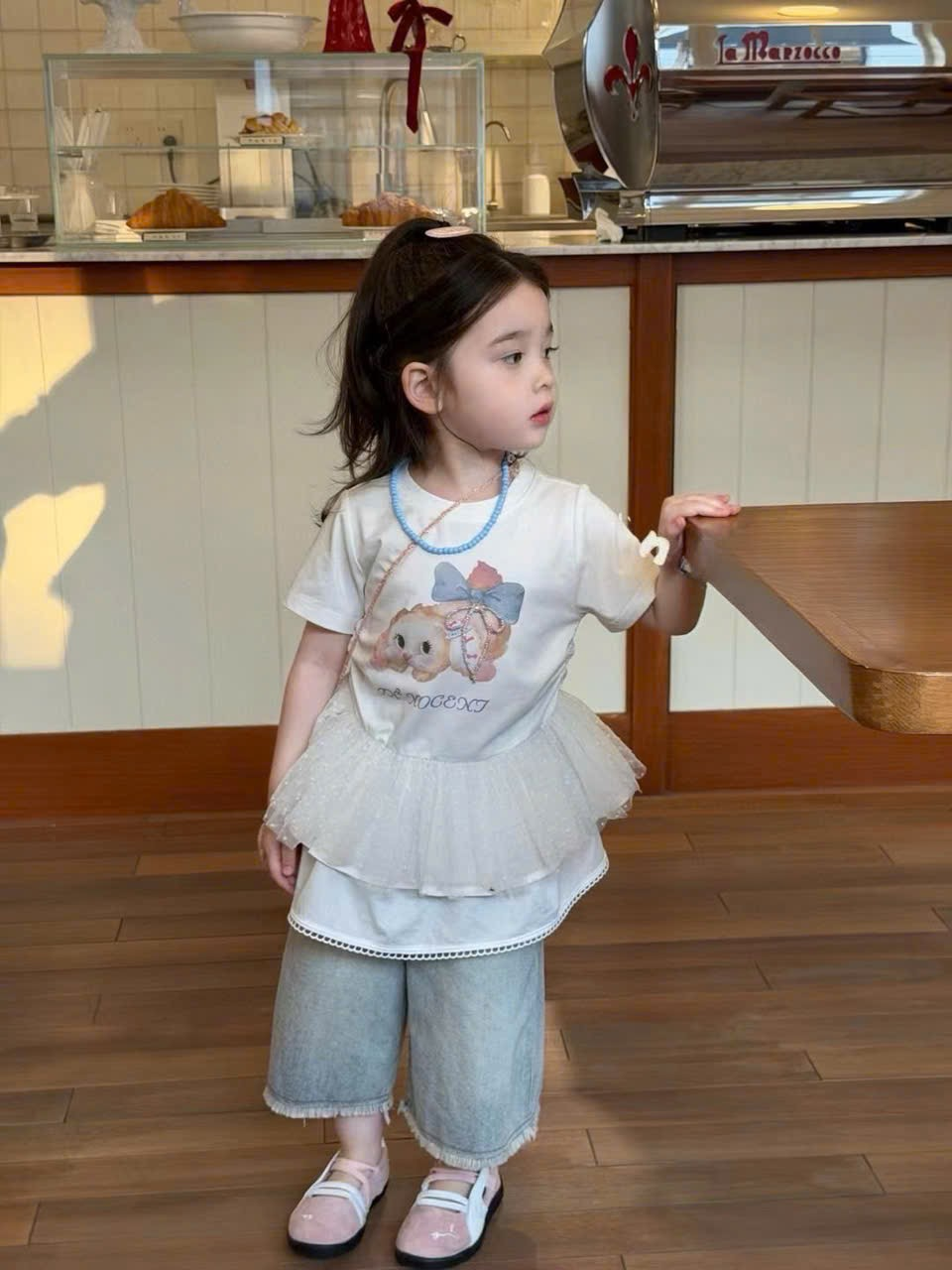 A22 - Áo cotton hoạ tiết thỏ phối tầng voan hãng SMC (Sz90-130)