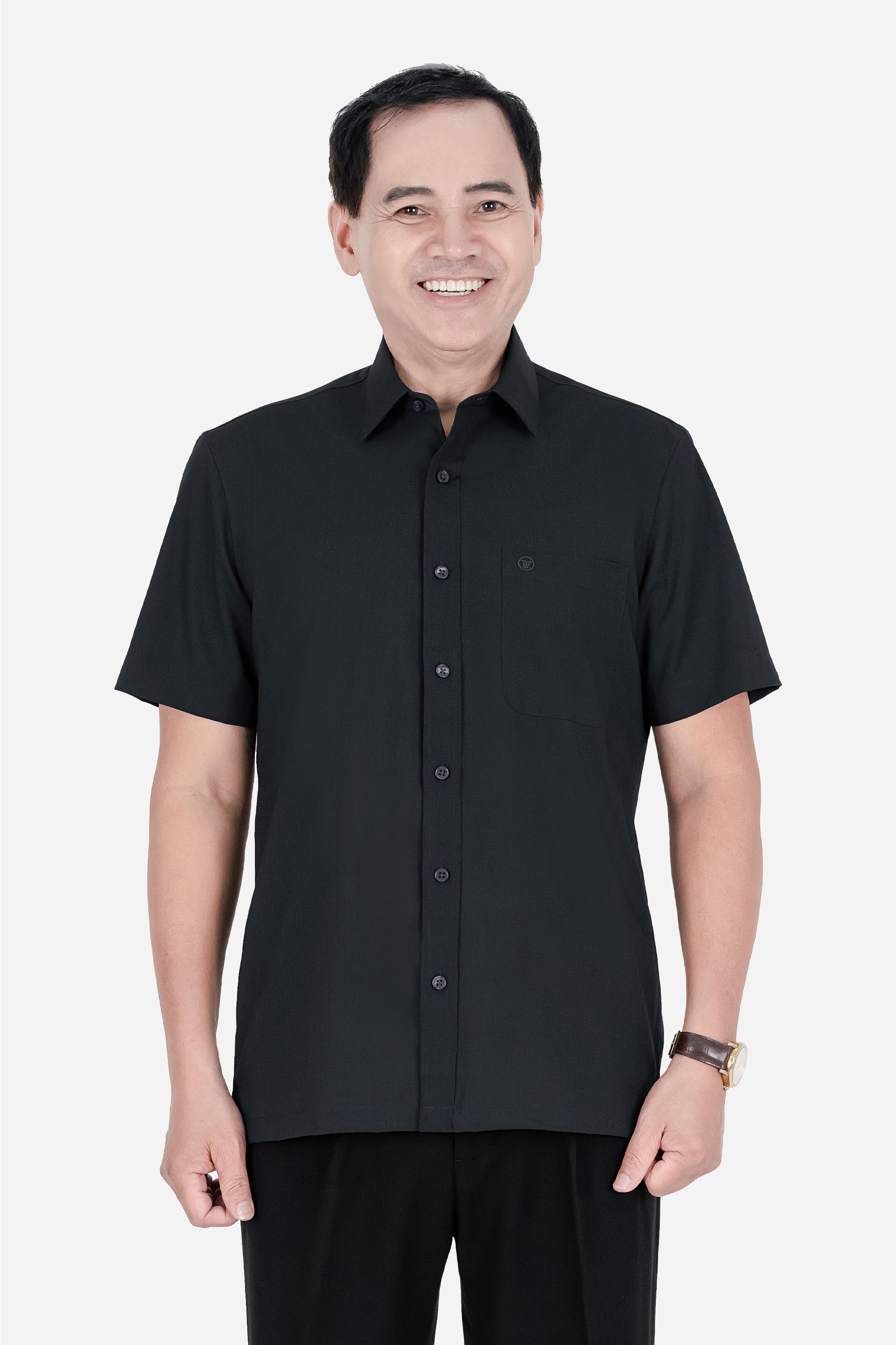 Áo Sơ Mi Trơn Cộc Tay Nam Trung Niên ANCHI Chất Liệu Sợi Gỗ Thoáng Mát Màu Đen