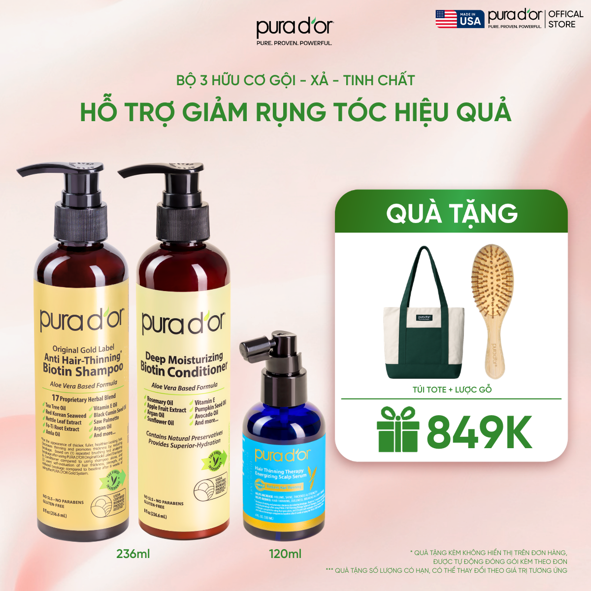 Combo 3 Bước Dầu Gội, Dầu Xả, Giảm Rụng Tóc Organic Pura D'or Biotin Gold Label 236ML | Chăm Sóc Tóc, Chăm Sóc Da Đầu, Dưỡng Tóc, Hỗ Trợ Mọc Tóc - Mega Livestream - Combo 3 bước 236ml