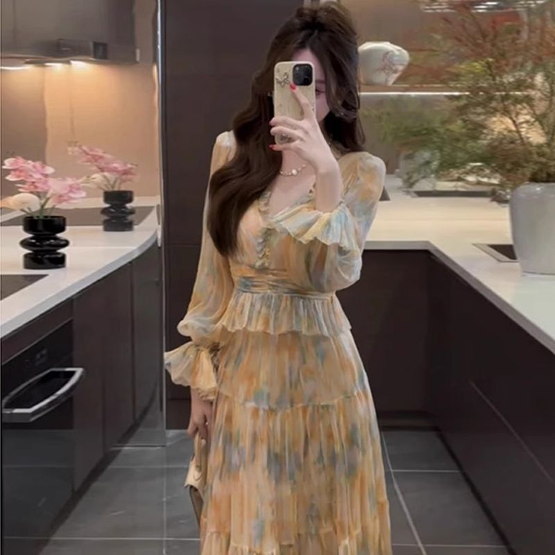 Váy Maxi Vàng Phối Màu Dáng Dài Tay Dài Cổ V – Bộ Hai Mảnh Thanh Lịch_thumbnail_0