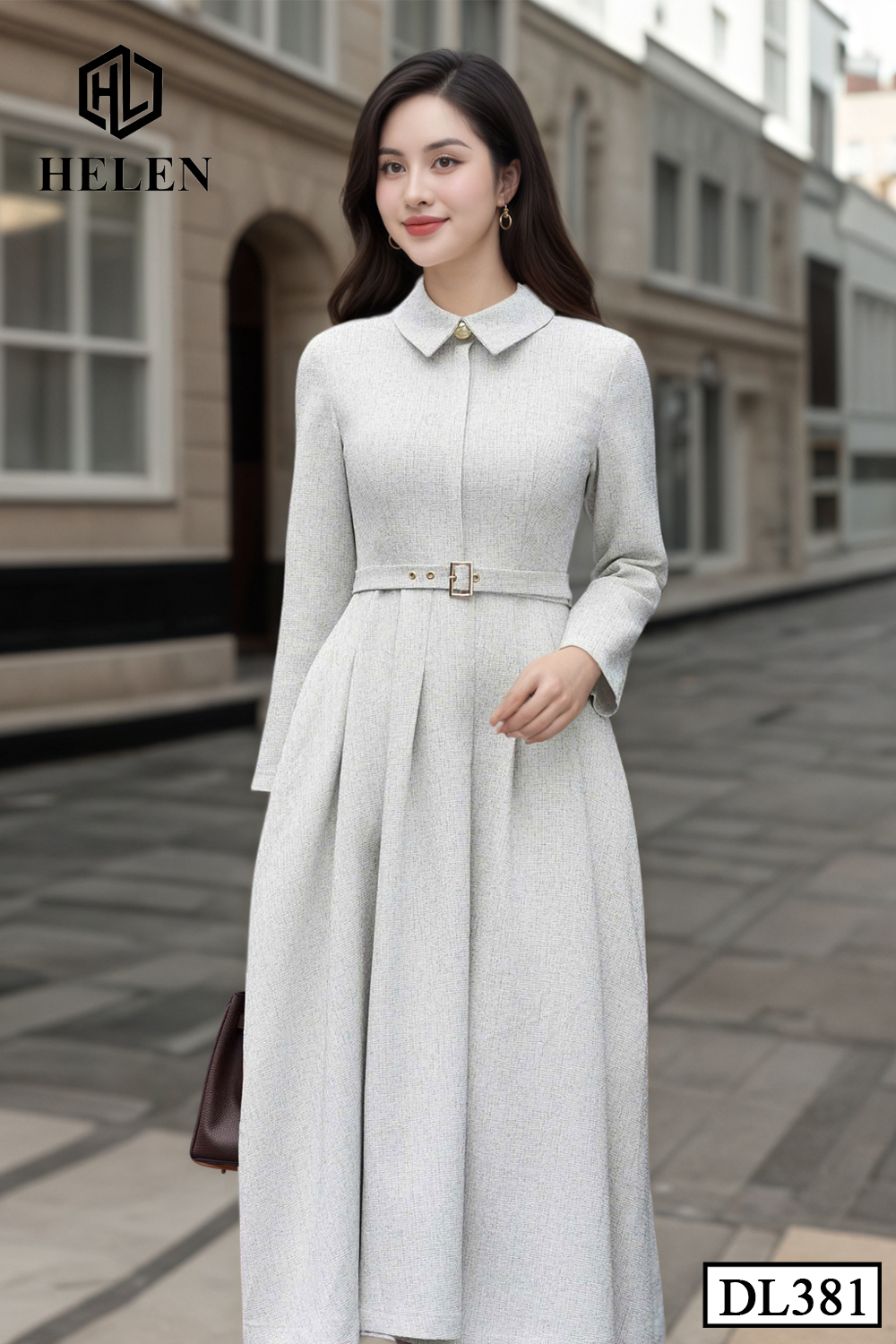 (Pre-order) Đầm dạ xòe màu ghi sáng cổ đức + kèm đai DL381