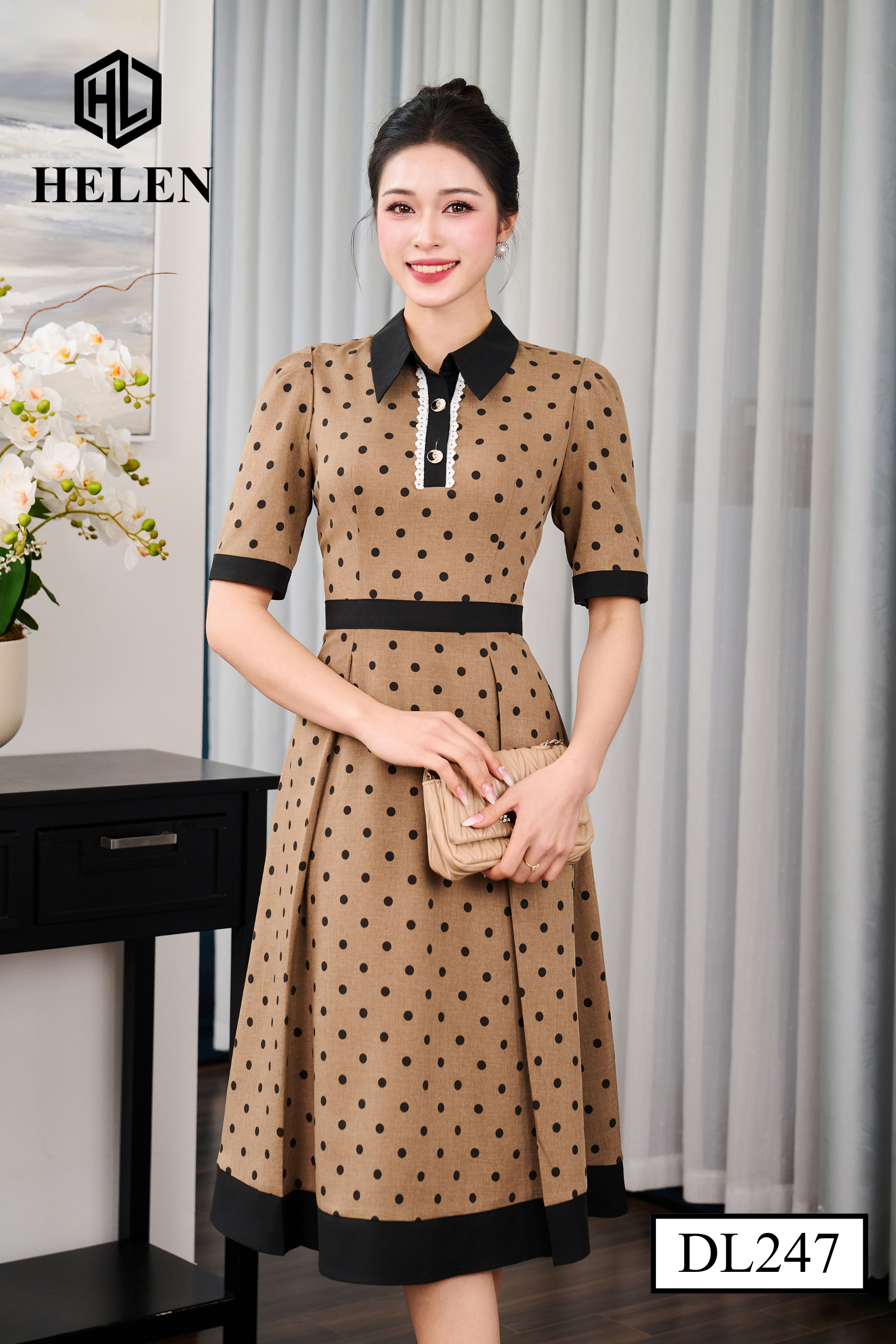 Đầm xòe nâu chấm đen cổ đức DL247