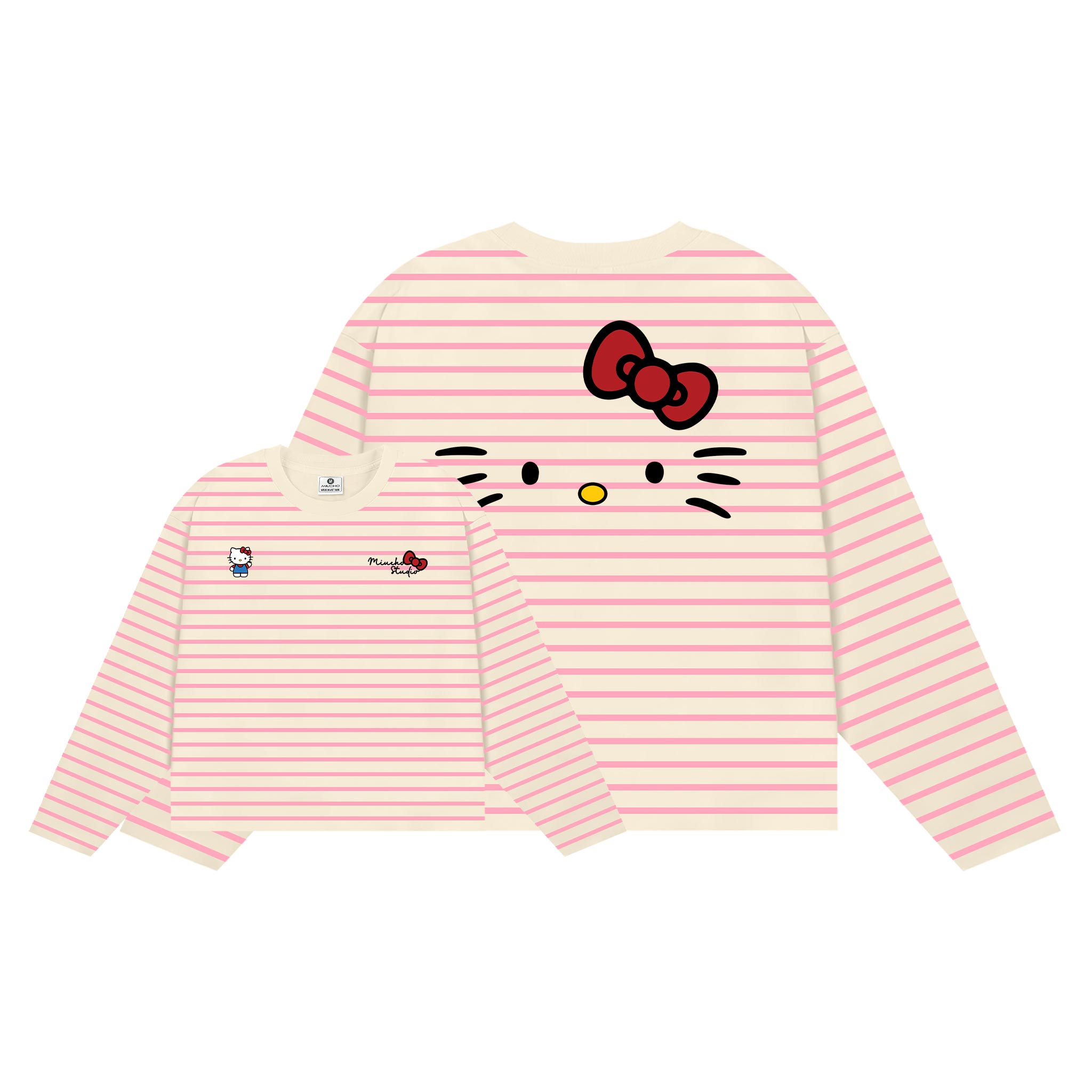 Áo thun boxy tay dài Miucho vải rib thoáng mát mềm mại co giãn tốt cổ tròn kẻ sọc kitty in mix 2691