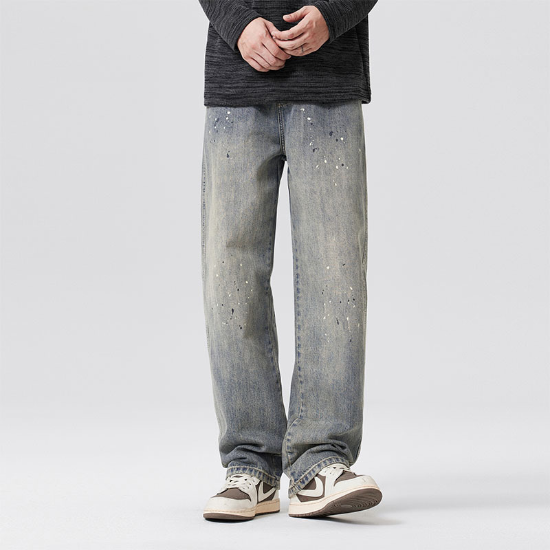 Mùa thu đông Mỹ đường phố cao cấp đau khổ bắn mực giặt quần jean nam hợp thời trang phù hợp với ống rộng quần dài bán buôn