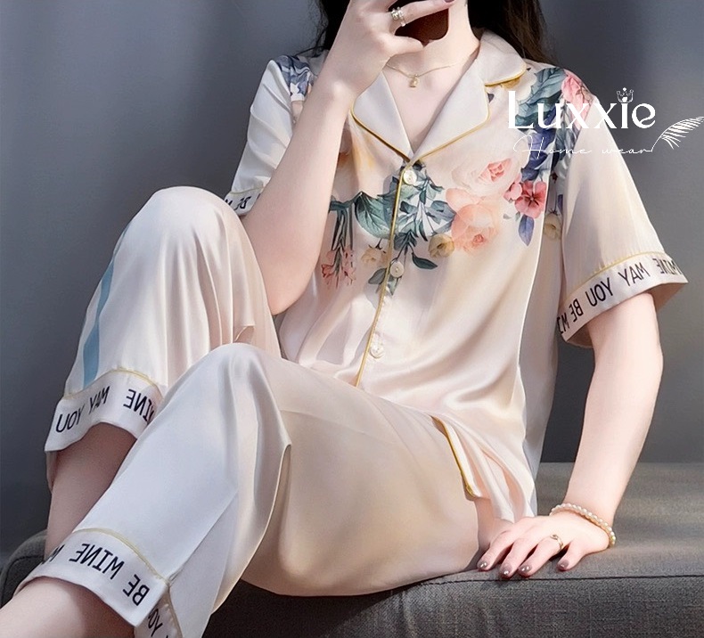 N58B Pijama lụa cổ hoa quần sọc xanh cộc tay_thumbnail_2