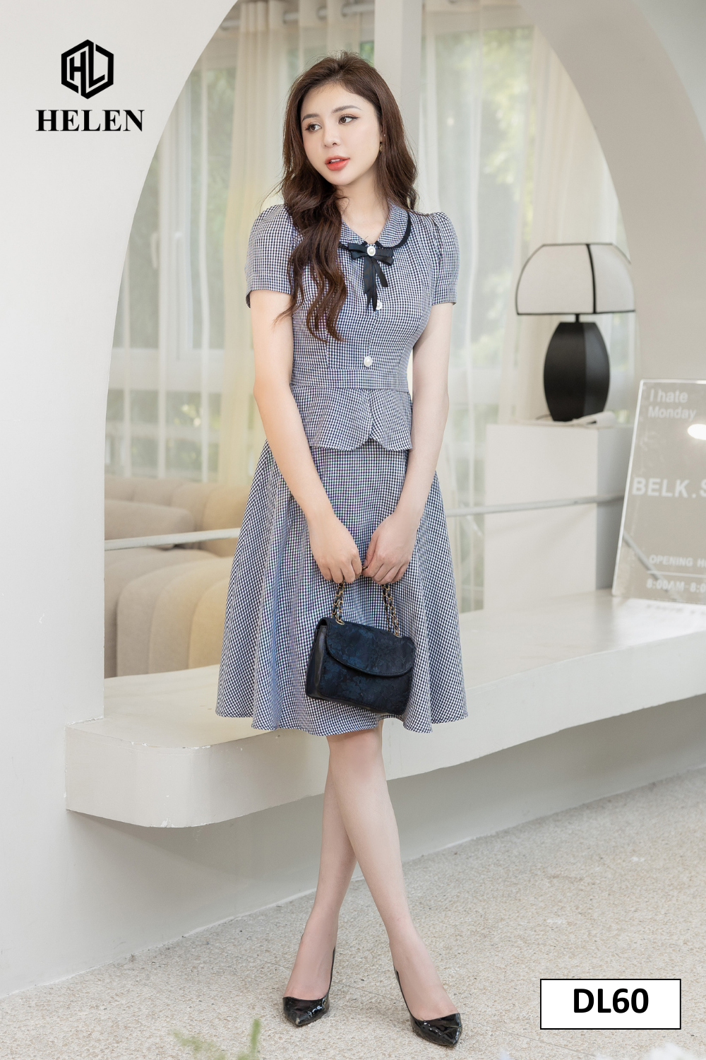 Đầm xòe peplum kẻ ô đen trắng cổ sen DL60_thumbnail_2