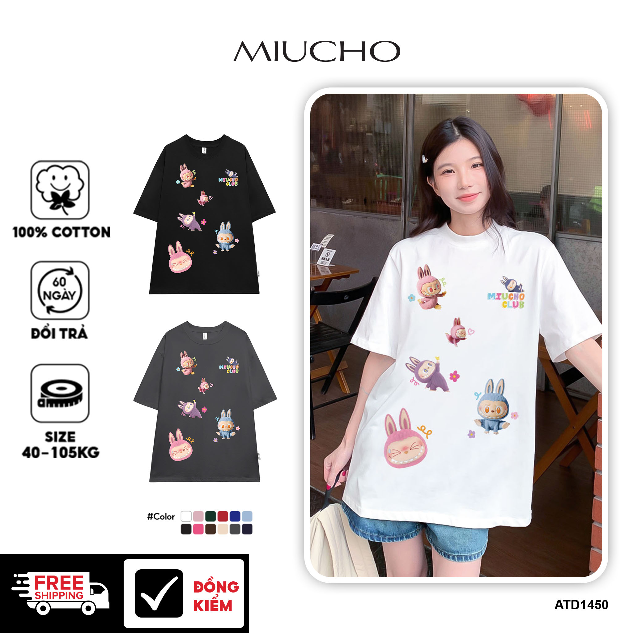 Áo phông labubu form rộng nhiều màu ATD1450 Miucho vải cotton cổ tròn in mix