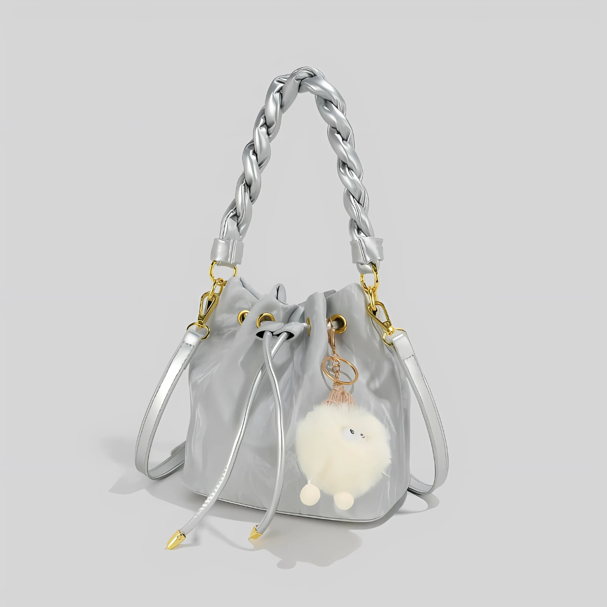 UHE Moon Puff 2509 – túi bucket da cao cấp, quai xoắn thời trang, charm bông xinh xắn, 3 màu hồng - trắng kem - xám bạc_thumbnail_8