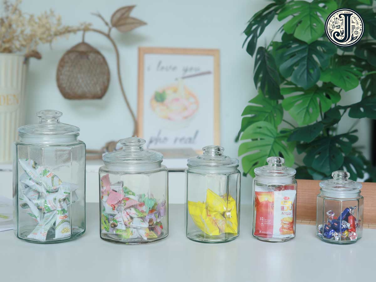 Hũ thủy tinh bát giác đựng hạt, cà phê, bánh kẹo