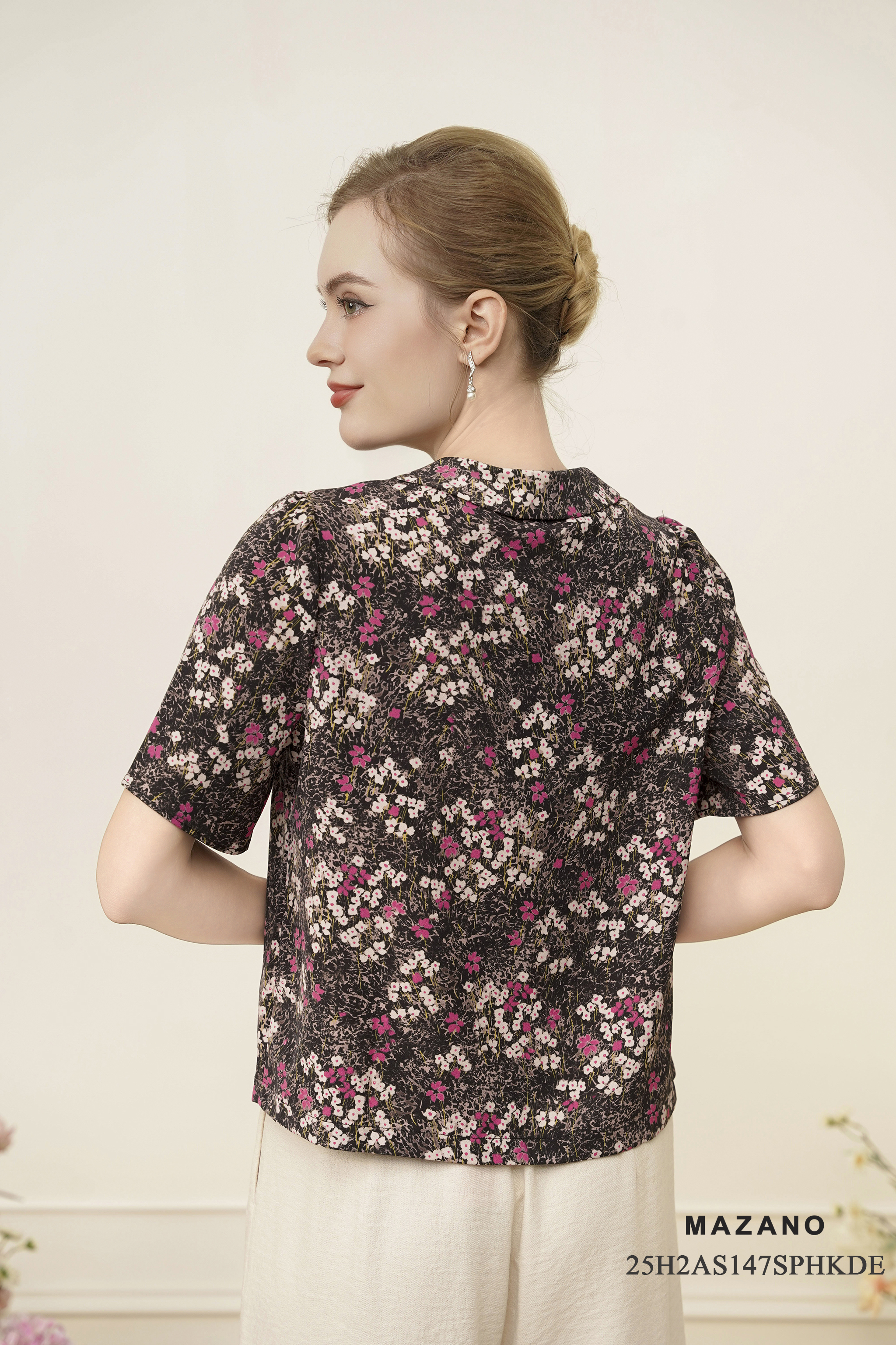 Áo sơ mi suông cài khuy Vải thô mỏng Họa tiết cách điệu Cổ bẻ Tay ngắn Dài áo qua eo_thumbnail_3