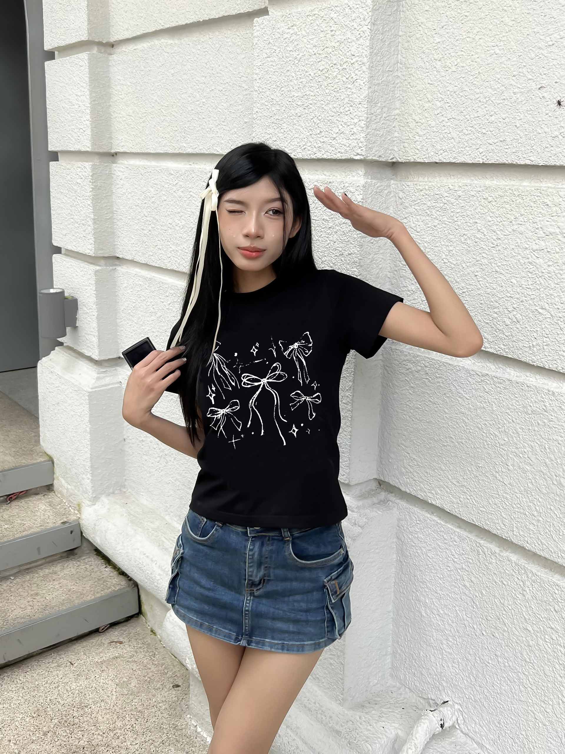 Áo thun baby tee nơ conquette xinh form ôm ABD1311 Miucho tay ngắn cổ tròn hotrend in mix_thumbnail_5