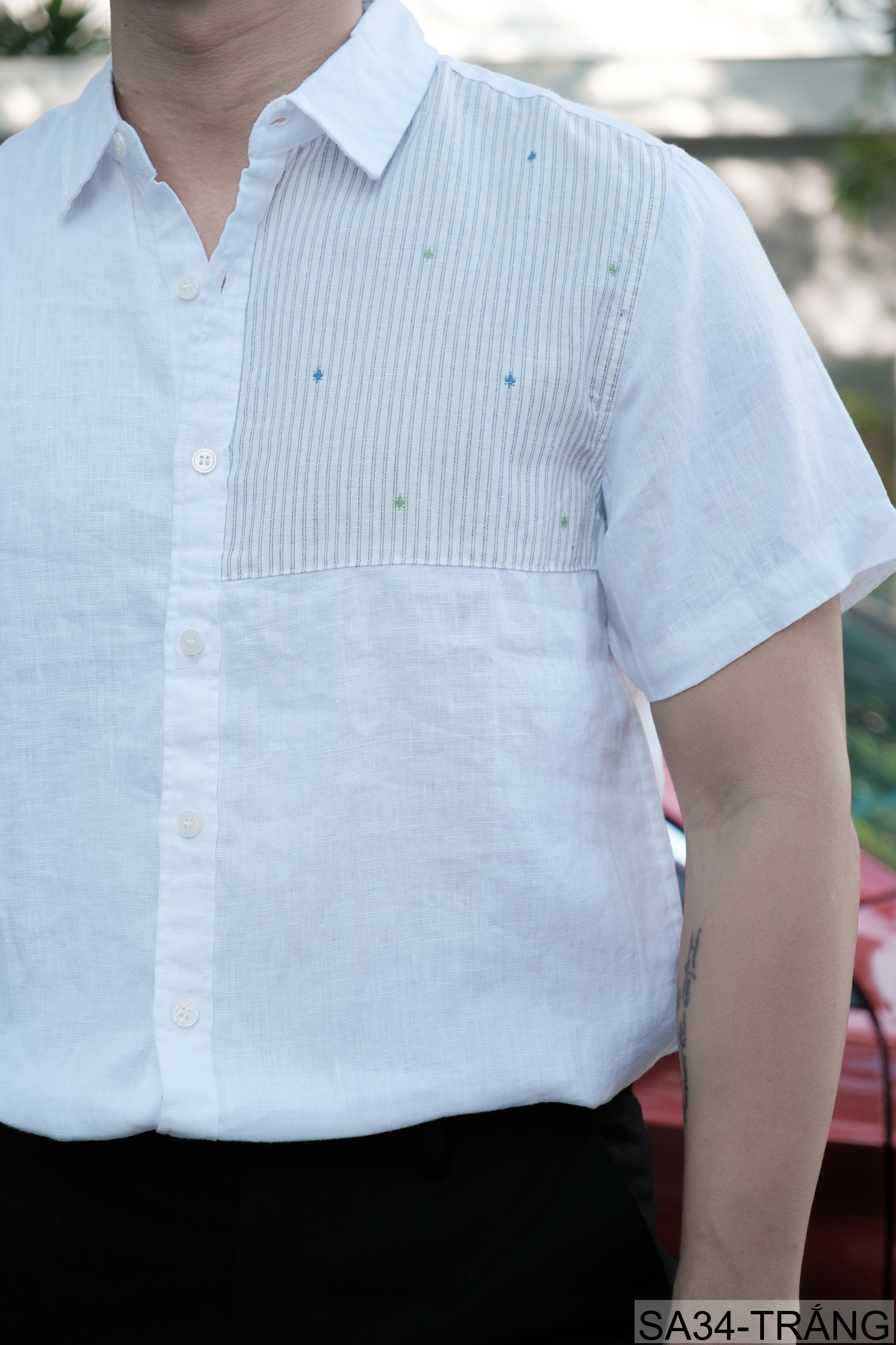 SA34 - Áo sơ mi nam tay ngắn vải lanh thoáng mát phong cách Nhật Bản kẻ sọc phối màu trắng xanh ngọc_thumbnail_4