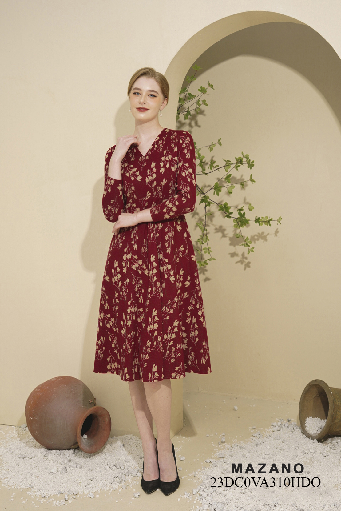 Váy Đầm Ôm Chân xếp ly Vải dạ len Cổ V Tay dài Dài ngang bắp chân_thumbnail_4