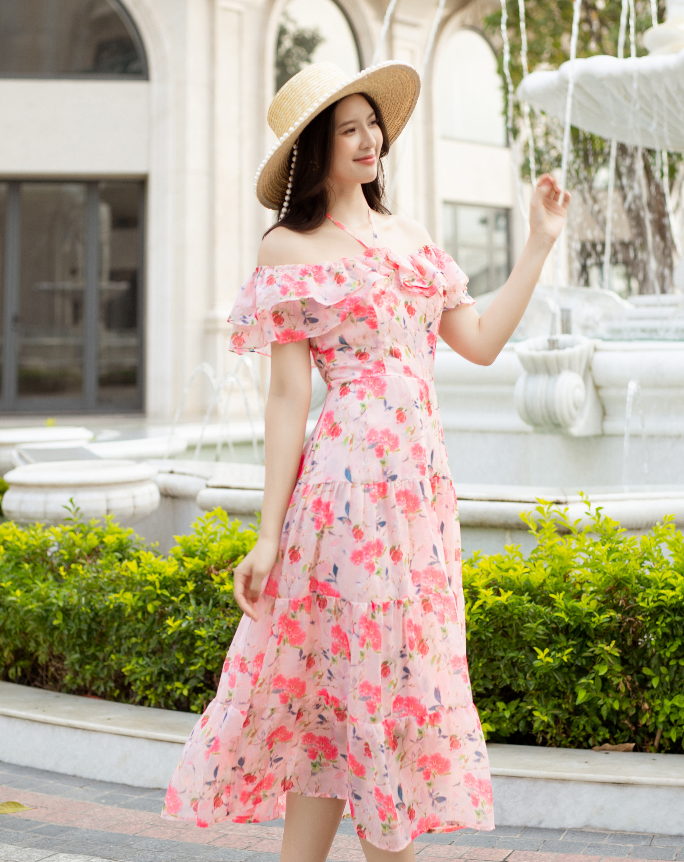 Đầm maxi hoa trễ vai bèo cột nơ xinh xắn 2in1_thumbnail_18