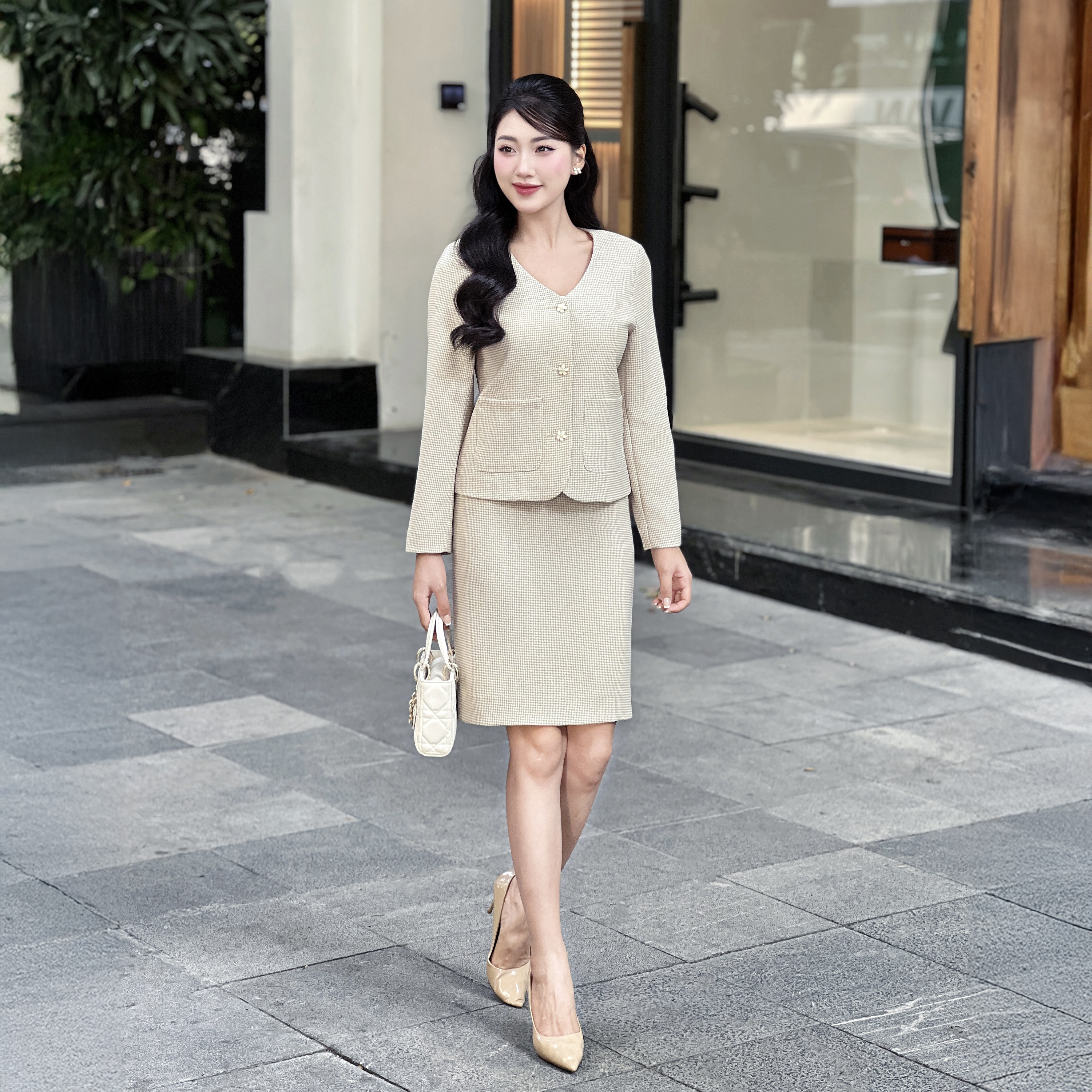 Áo dạ tweed Narsis L24021 màu nâu trắng, thiết kế tay dài, phong cách nhẹ nhàng._thumbnail_2