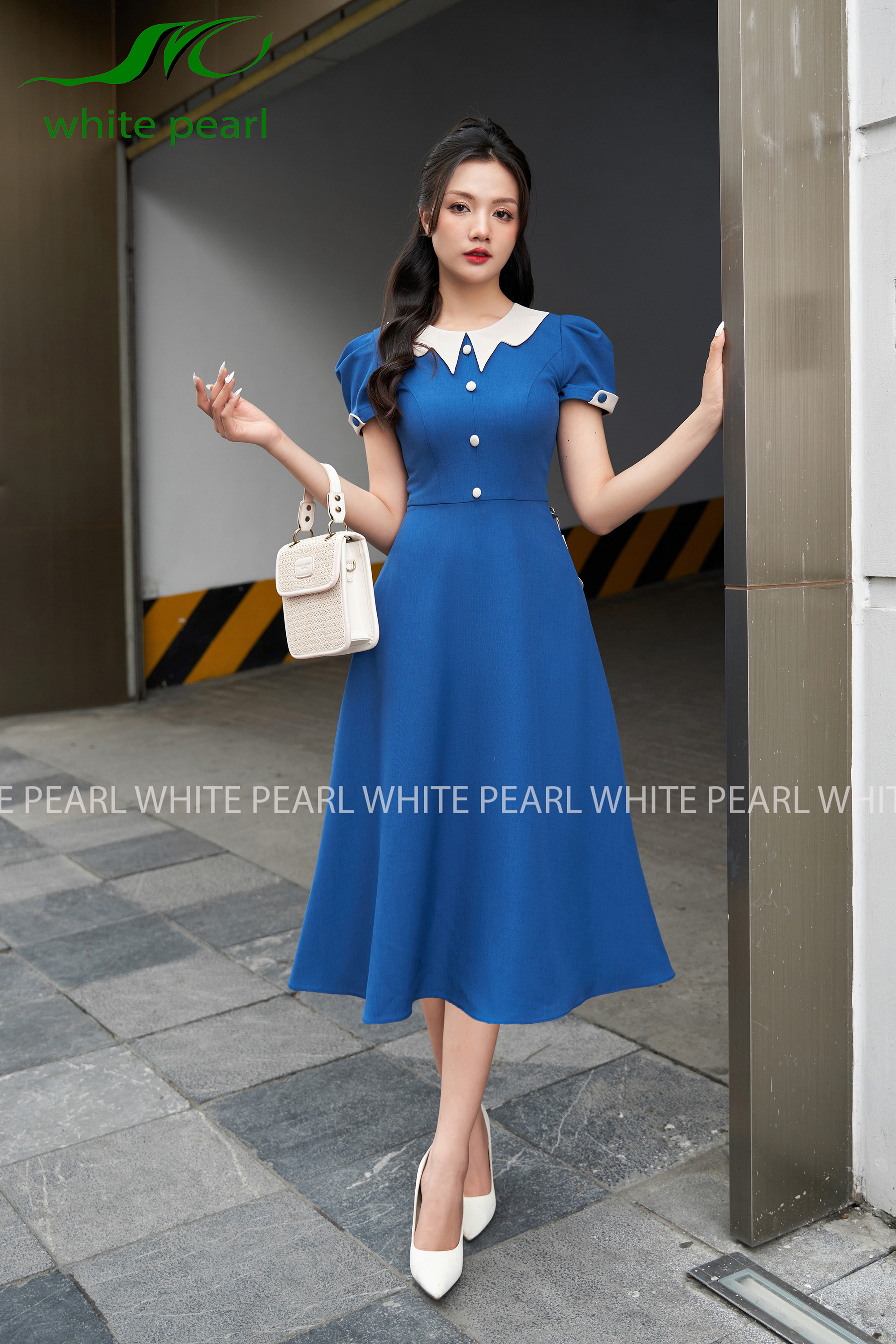 Váy đầm cổ sao D2405 màu xanh cổ vịt thời trang công sở cao cấp White Pearl_thumbnail_3