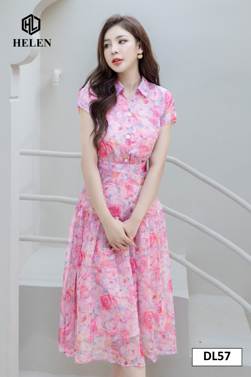 Đầm xòe hoa hồng cổ đức đính cúc DL57