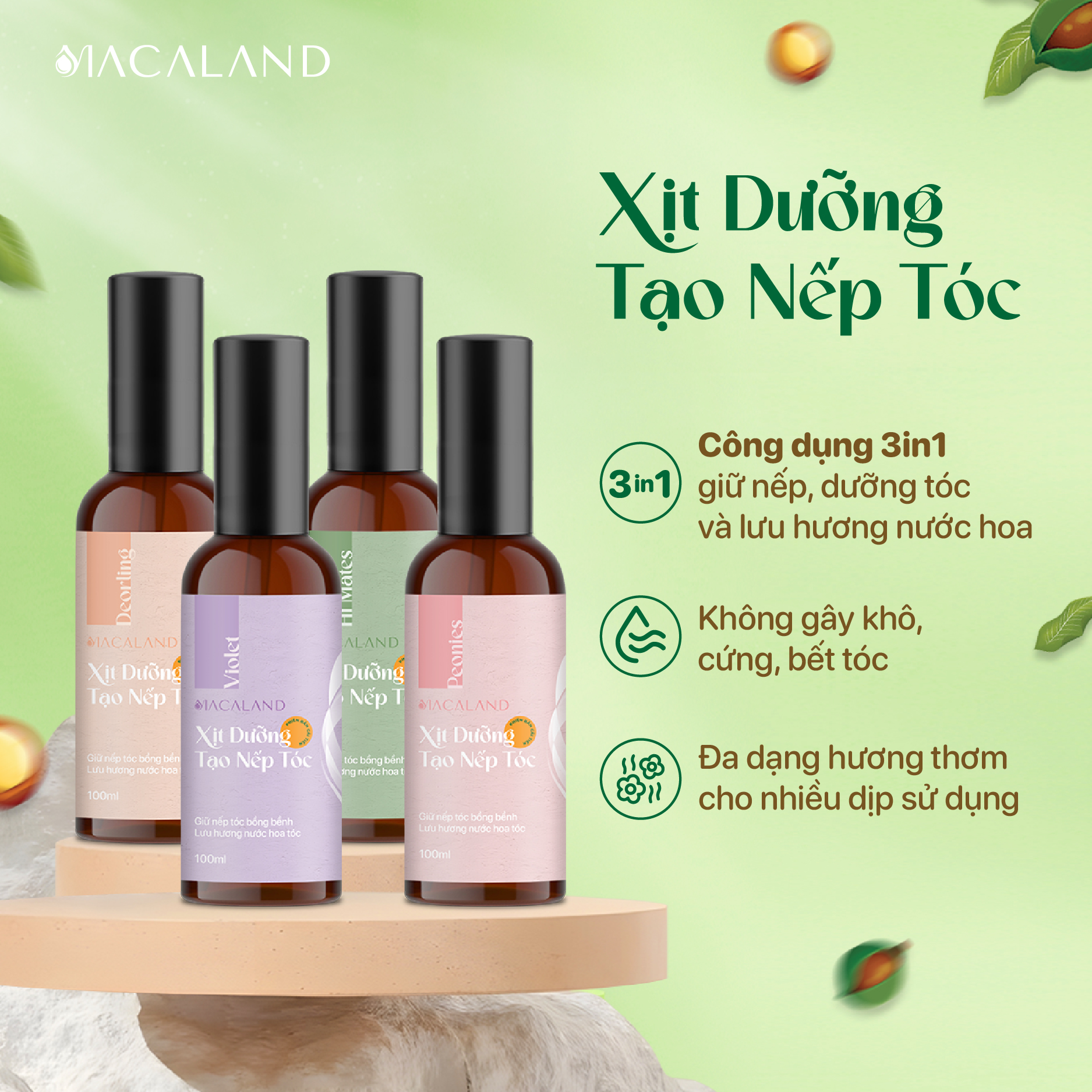 Xịt giữ nếp tạo kiểu và dưỡng tóc 3in1 100ml MACALAND hương nước hoa