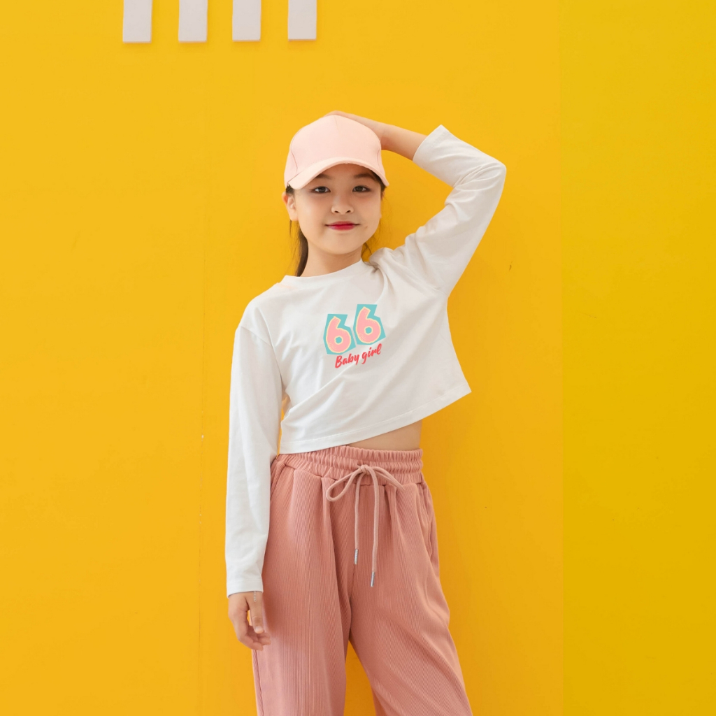 Áo croptop tay dài màu trắng cho bé gái in chất cotton - Áo croptop dài tay bé gái Loza Kids CG001