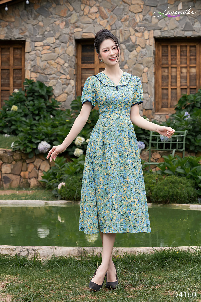 Đầm hoa xanh cổ bèo dáng xèo lụa mịn D4160_thumbnail_4