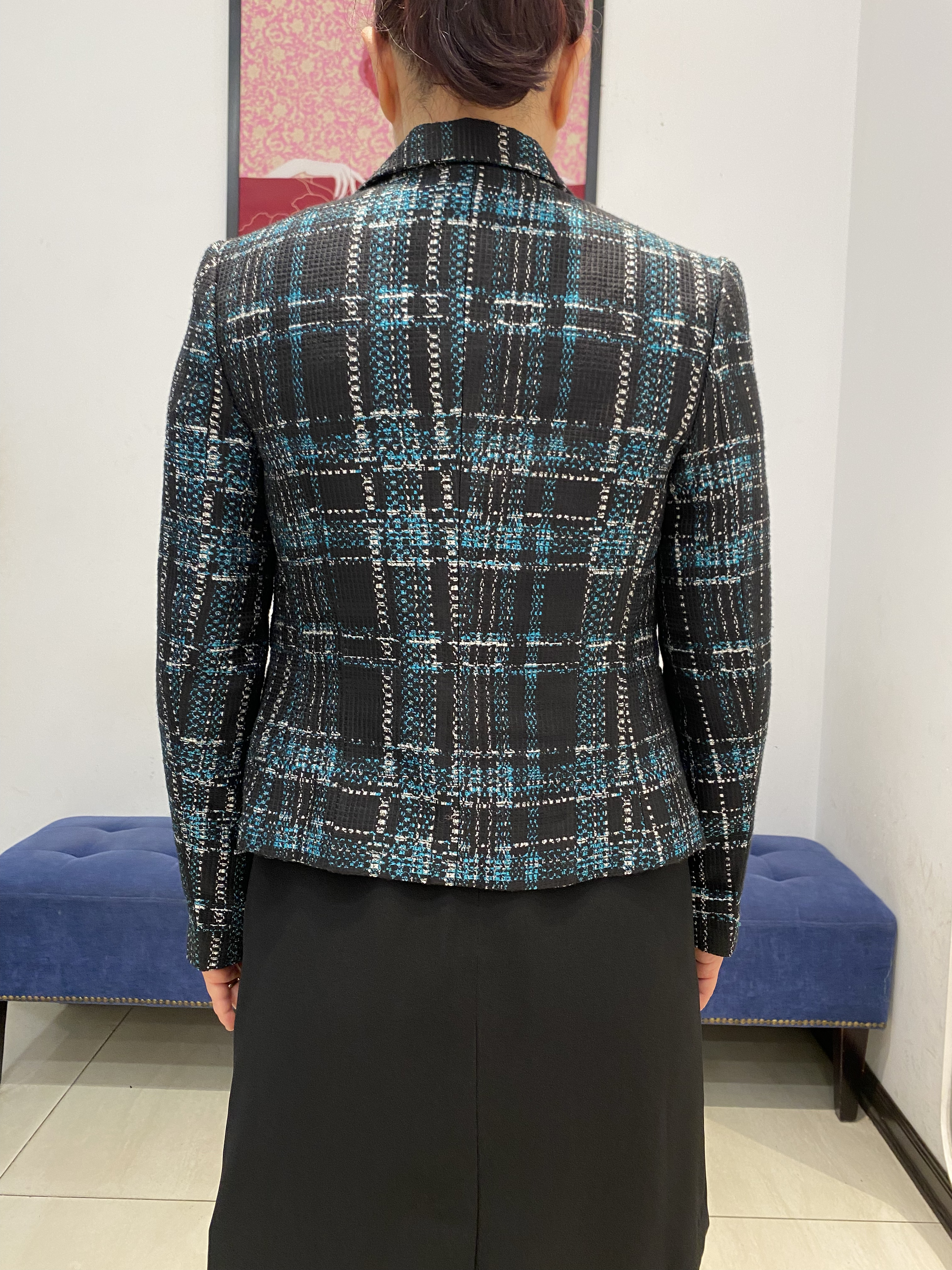 Áo khoác ngắn vải dạ lông cừu xanh kẻ ô_thumbnail_2