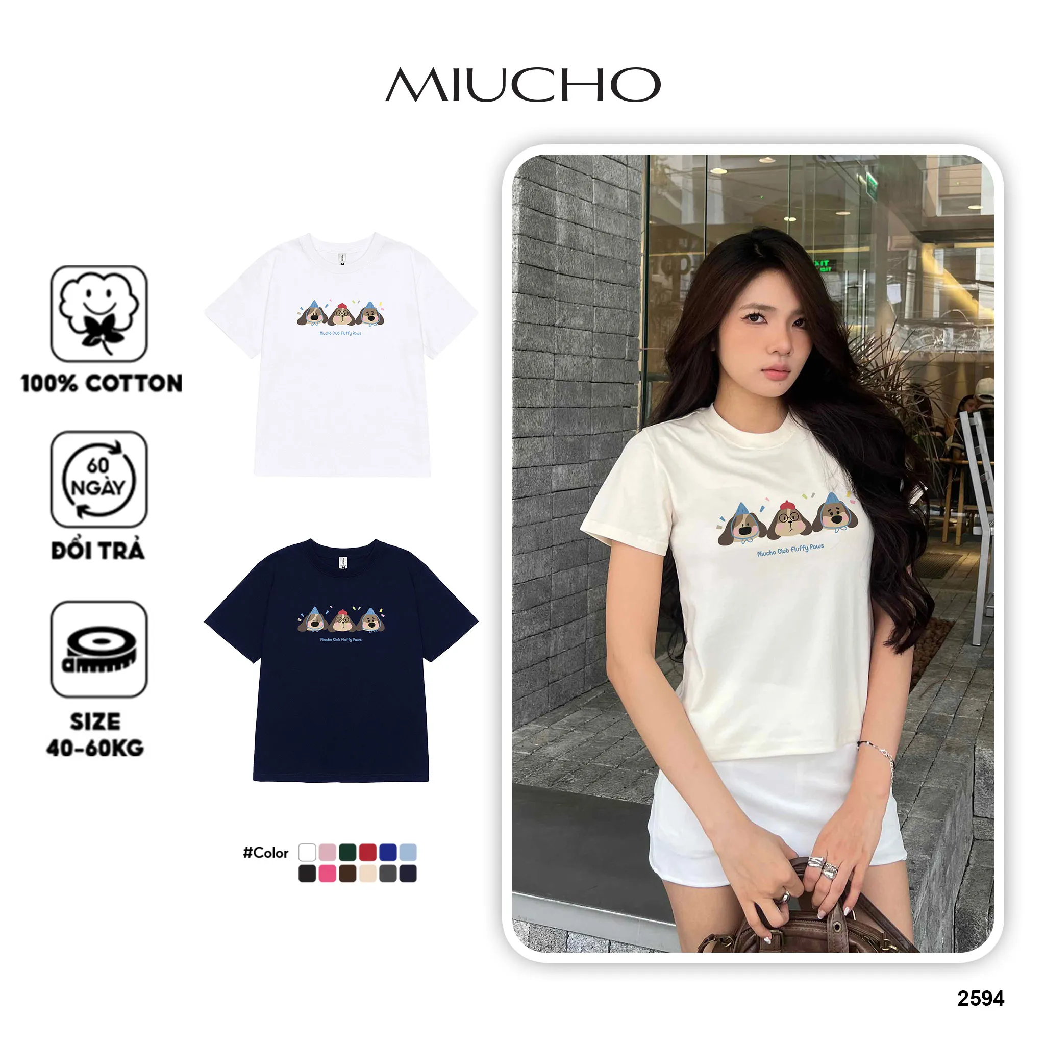 Áo baby tee nữ form ôm tôn dáng 2594 Miucho vải cotton 2c thoáng mát cổ tròn in mix