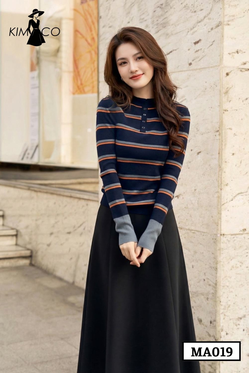 Áo len kẻ cổ trụ cài nút - MA019