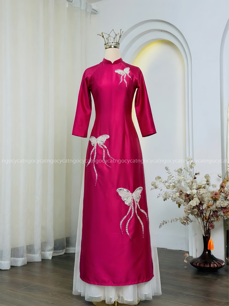 Áo Dài Bà Sui Màu Hồng Bướm Nơ Đính Cườm