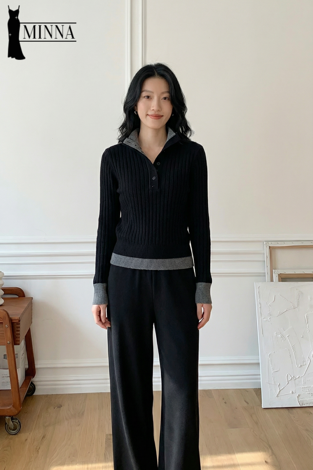 Ribbed Knit Polo Sweater - MA044