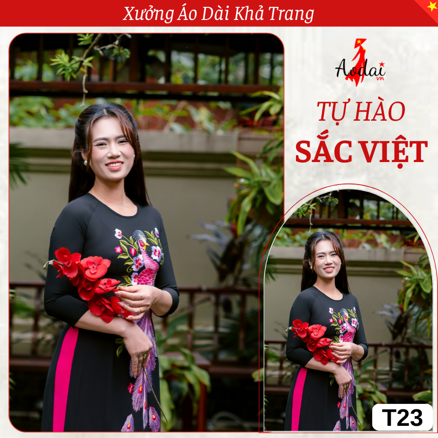 T23 Áo Dài Màu Đen Thêu Công Hồng Sen Cổ Tròn Tay Lỡ_thumbnail_7