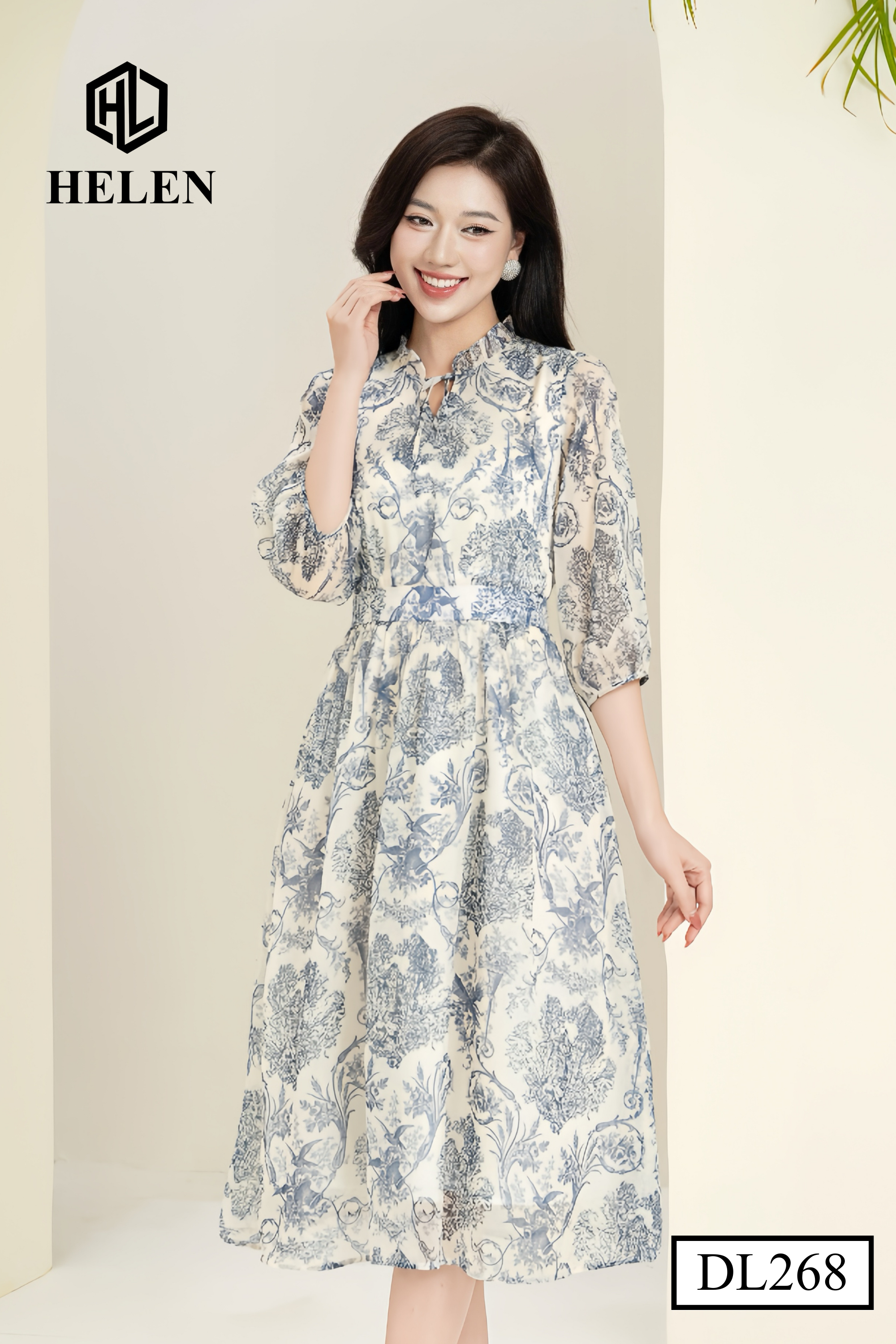 Đầm xòe họa tiết thổ cẩm cổ nhún tay lỡ DL268