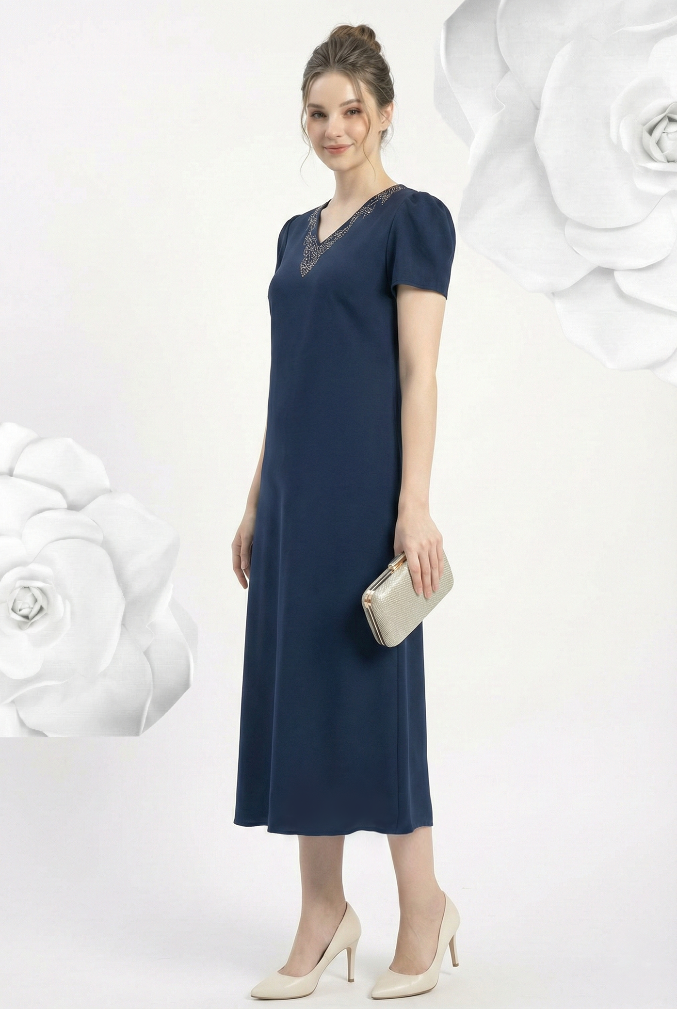 Đầm voan dày xanh than đơn sắc dáng suông cổ V tay ngắn đính hạt thiết kế MAZANO_thumbnail_3