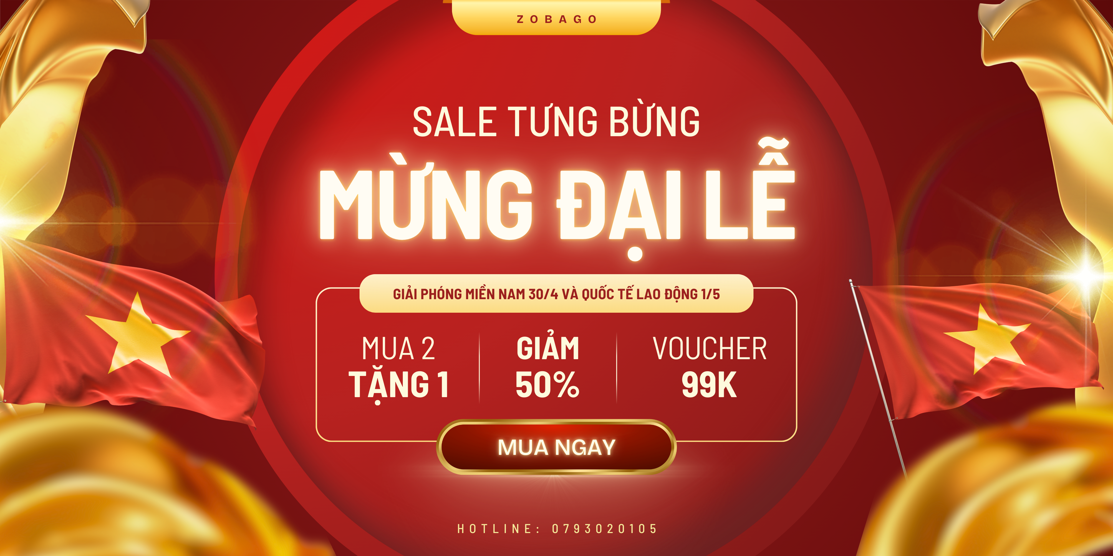 Banner Sale Khuyến mãi Ngày lễ 30 tháng 4 Hiện đại Rực rỡ Đỏ vàng