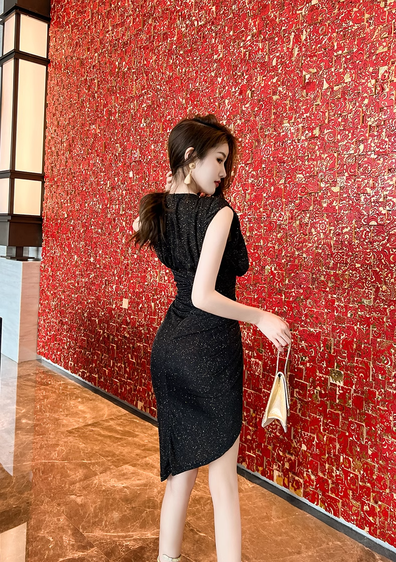 15123-Đầm body  dự tiẹc cổ V thân nhún vạc chéo cách điệu ( thun dệt kim)_thumbnail_5