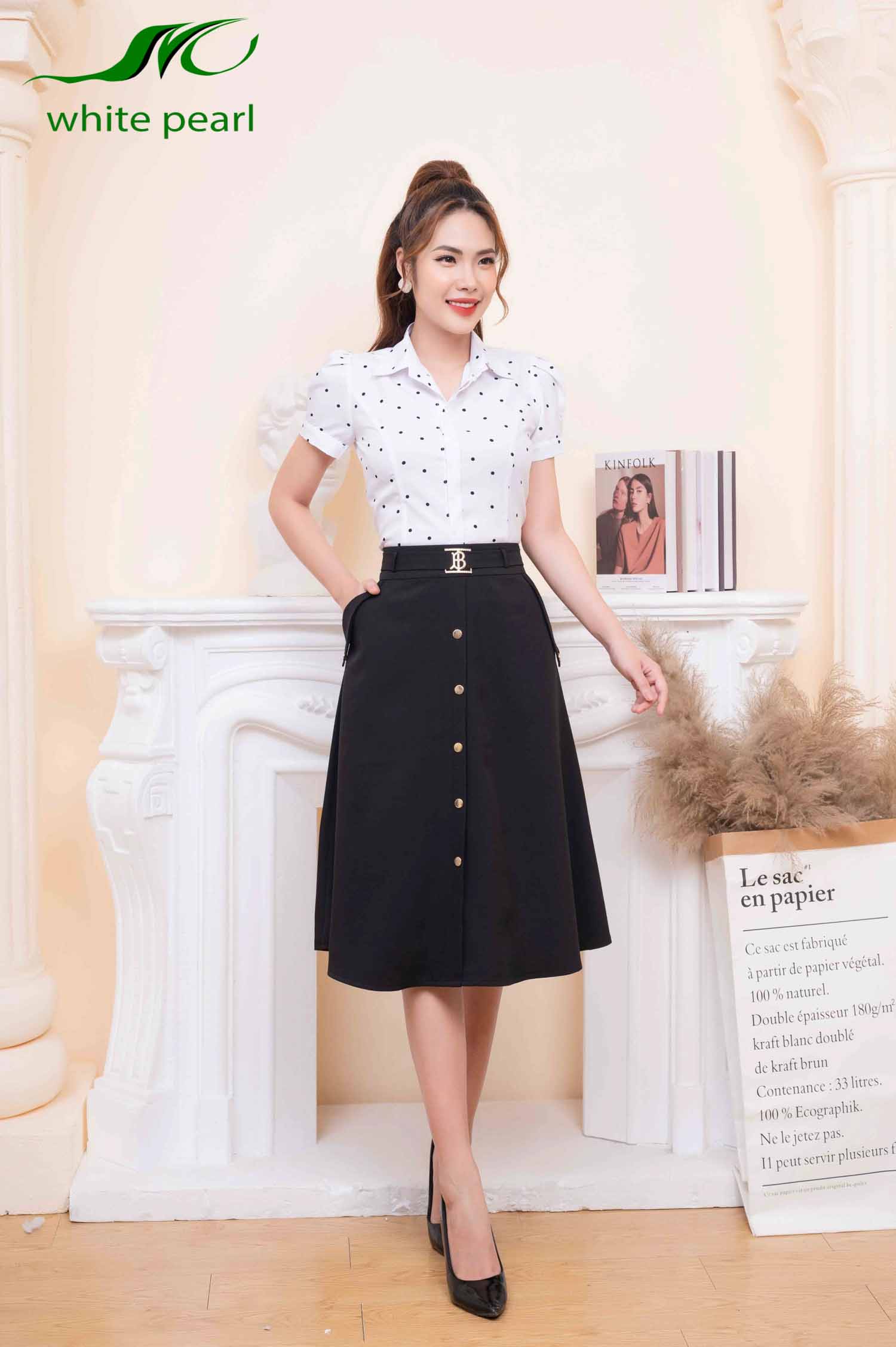 Chân váy xòe nữ túi 2 bên đính cúc dọc thời trang công sở cao cấp White Pearl_thumbnail_2